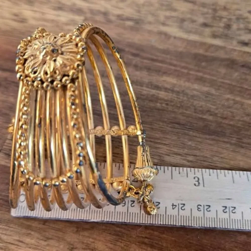 Gold Tone Multi Band Rhinestone Bangle Bracelet Floral Charm 2.5